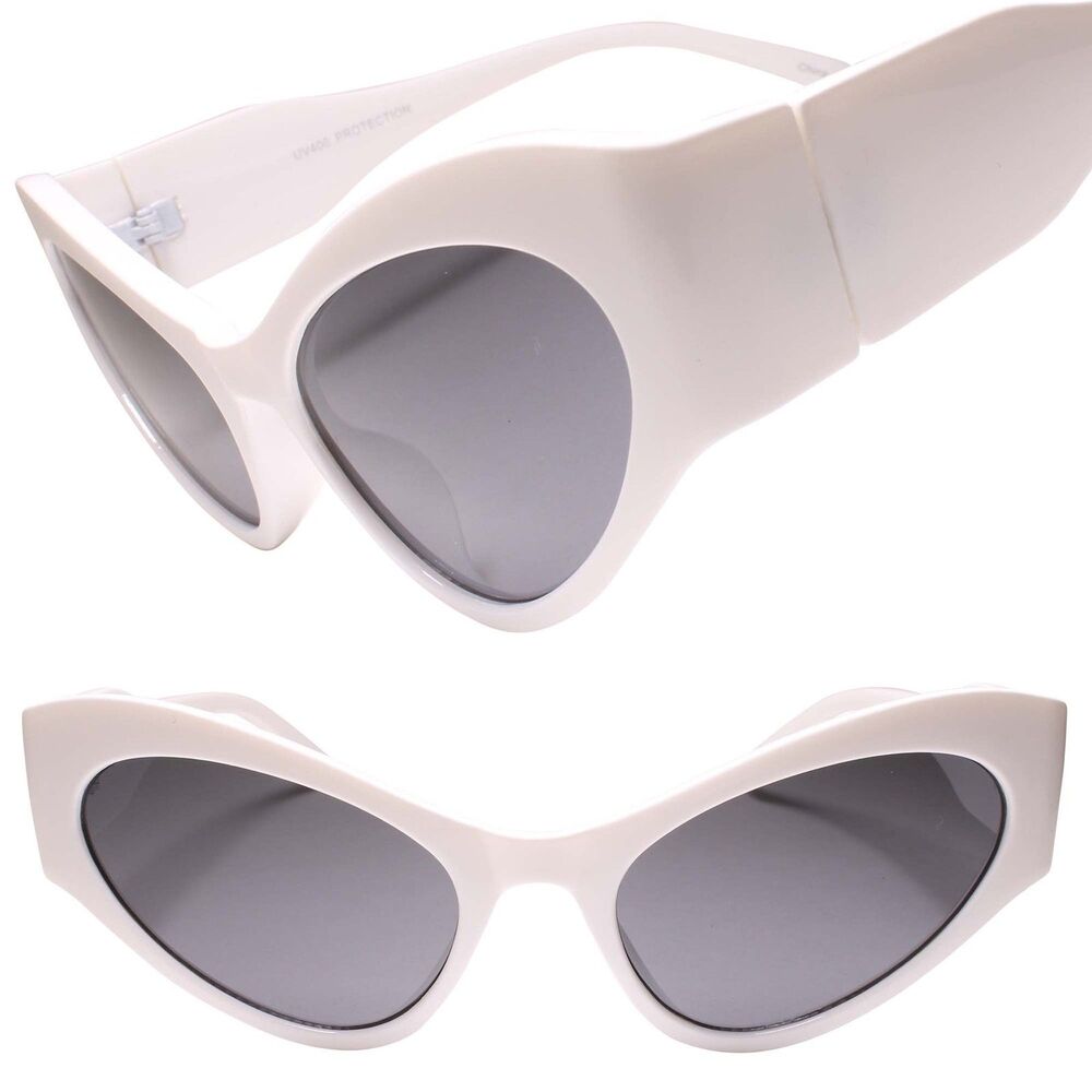 Modernize Elongated Thick Temple Retro Oval Womens White Cat Eye Sunglasses